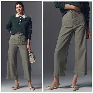 Anthropologie Maeve Colette Crop Wide Leg Pants Contrast Stitch Moss Olive 26